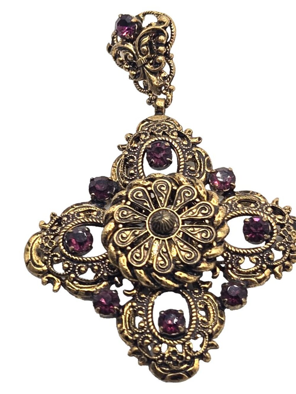 Vintage Renaissance Revival Filigree Cross Pendant Necklace Purple Rhinestones